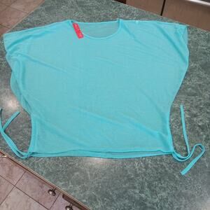 Sheer Turquoise top with Dolman sleeves Sz Small Beach Cover Up Cinch Sides EUC